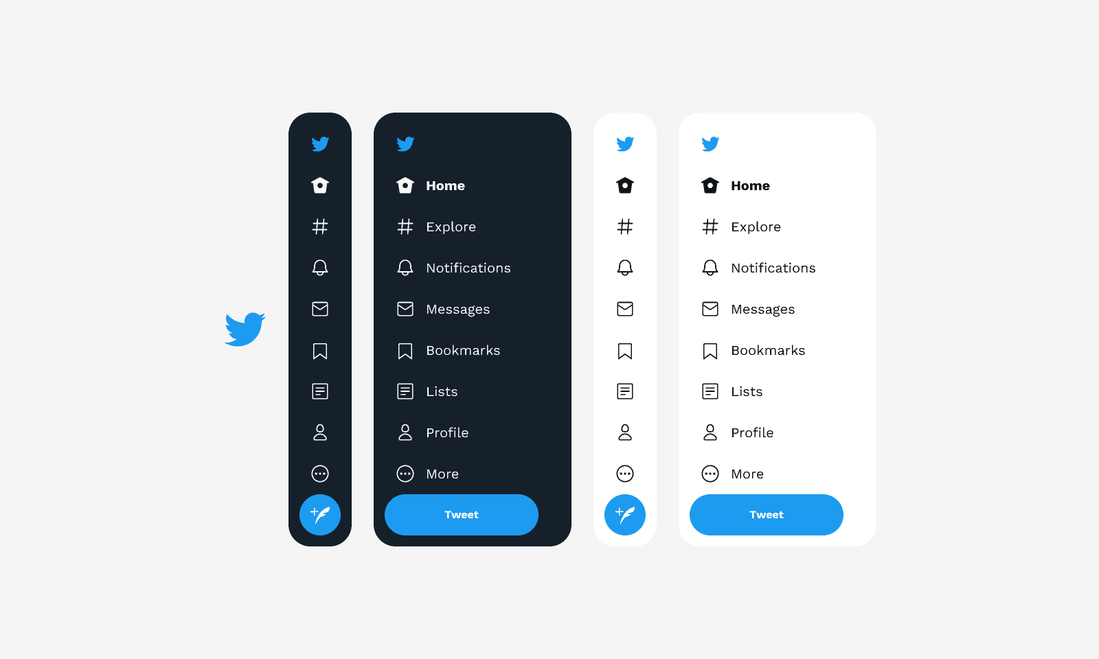 Twitter sidebar navigation designs in light and dark mode