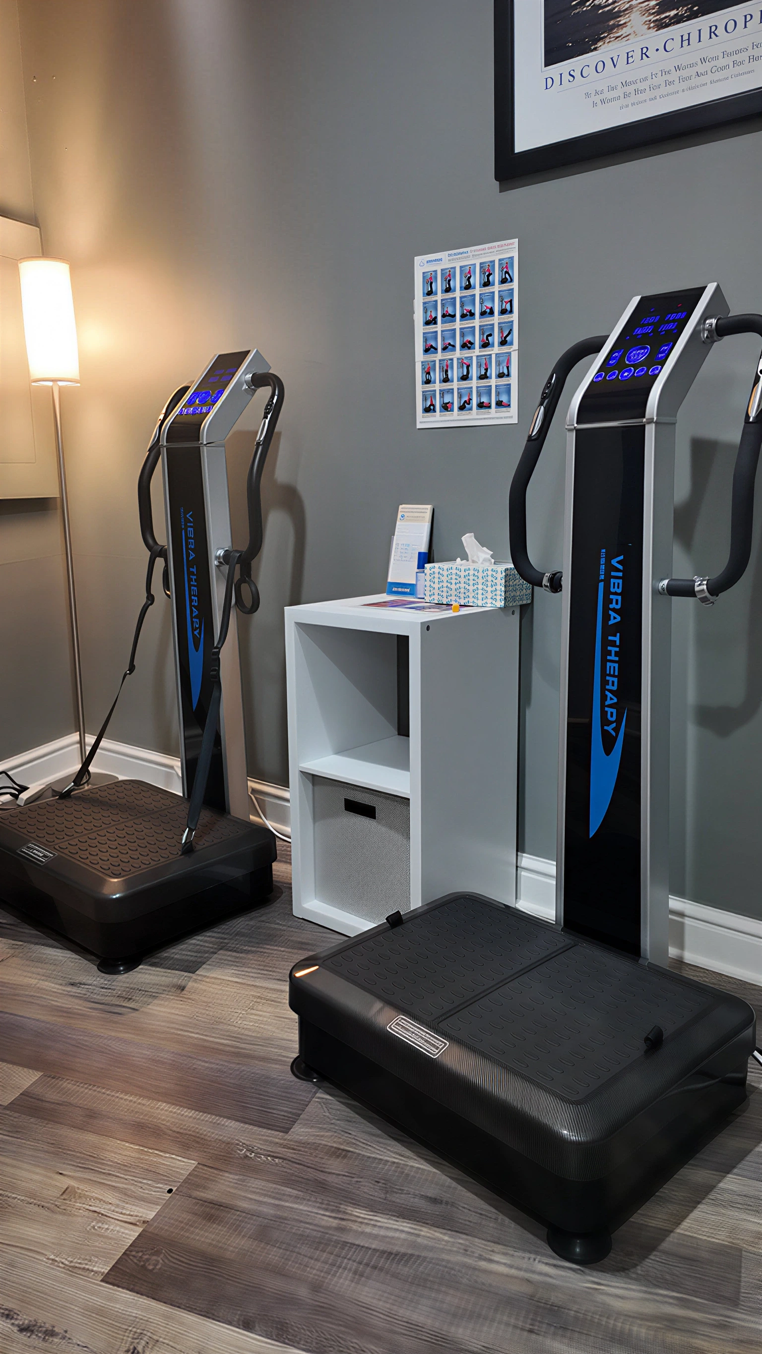 Professional vibration therapy machines in modern clinic treatment room