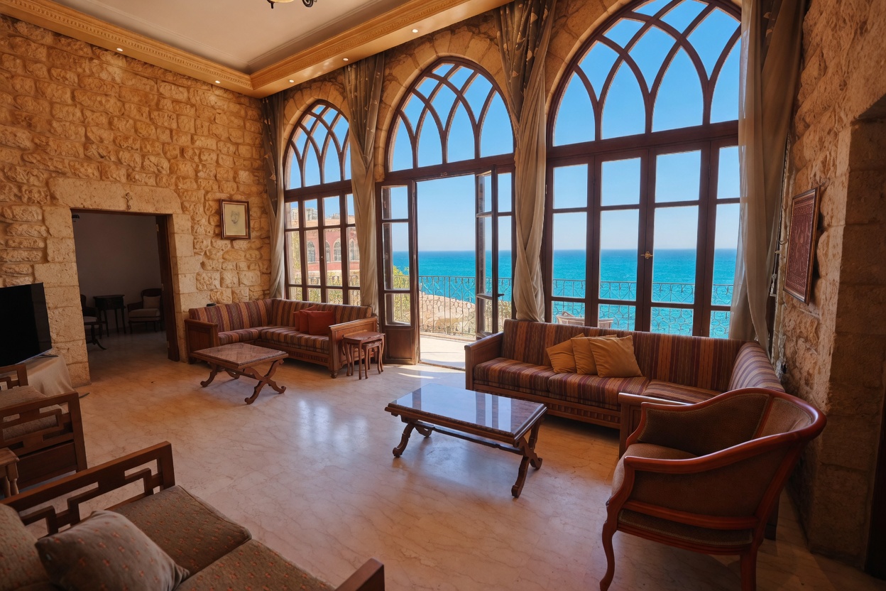 Gothic arched windows overlooking the Mediterranean sea in Beit Zouk's living room