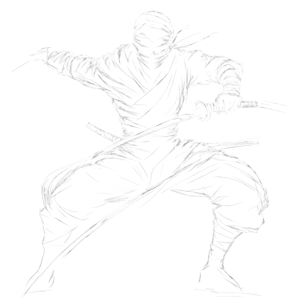 Dynamic sketch-like illustration of a ninja warrior in action stance with dual katana swords