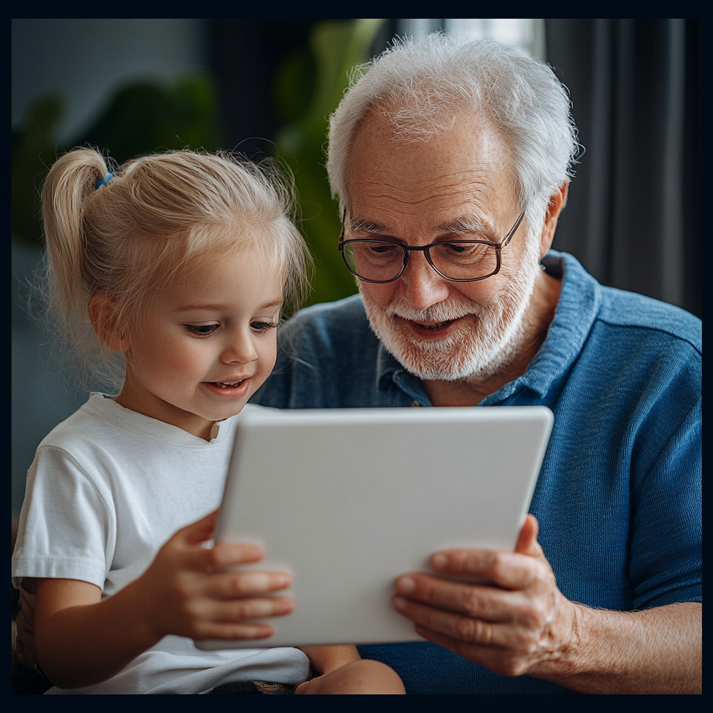 Grandfather and granddaughter smiling while using a tablet together