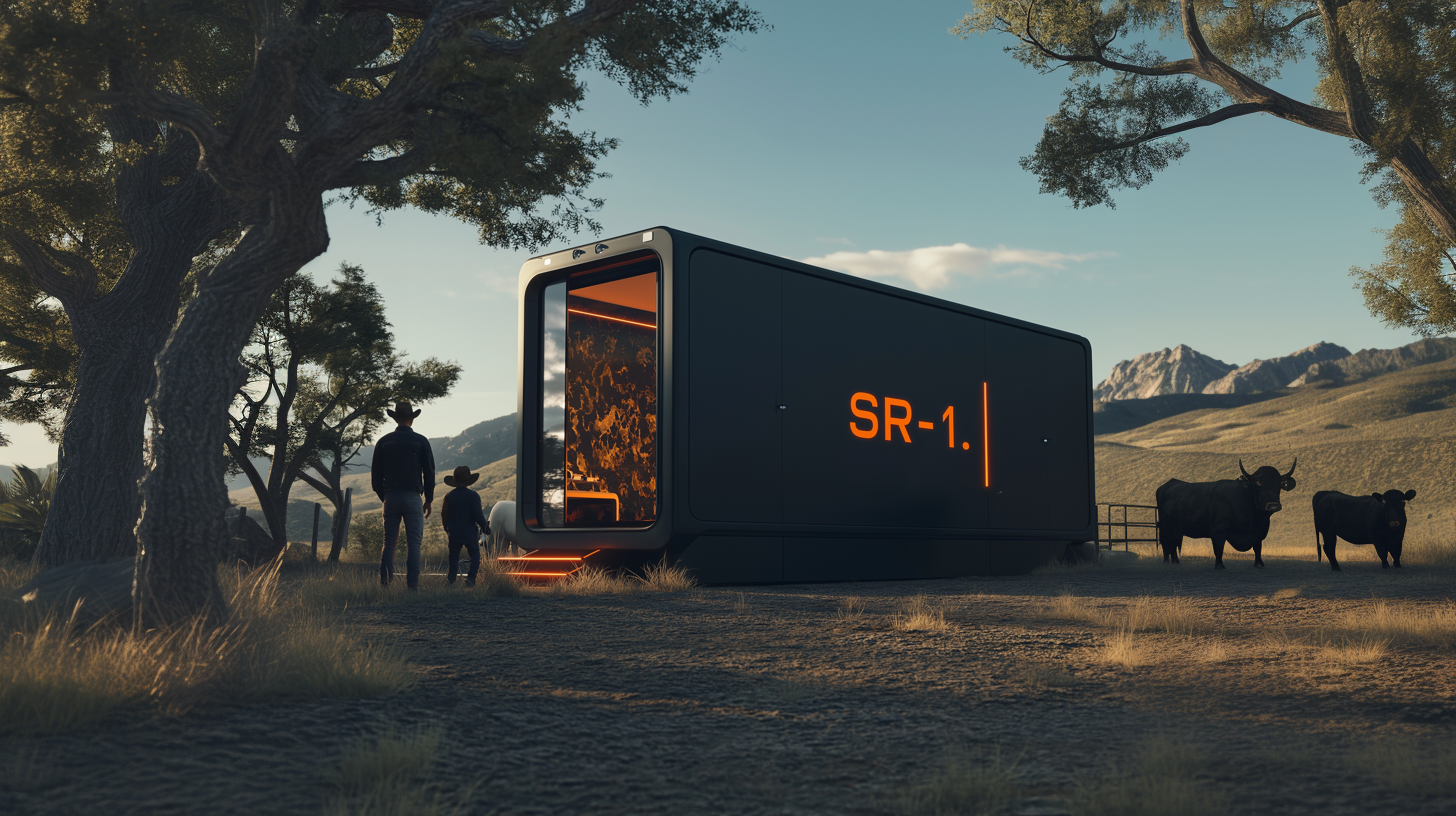 Sadler Robotics SR-1 unit in a scenic ranch setting with mountains, featuring a father and child silhouette and cattle