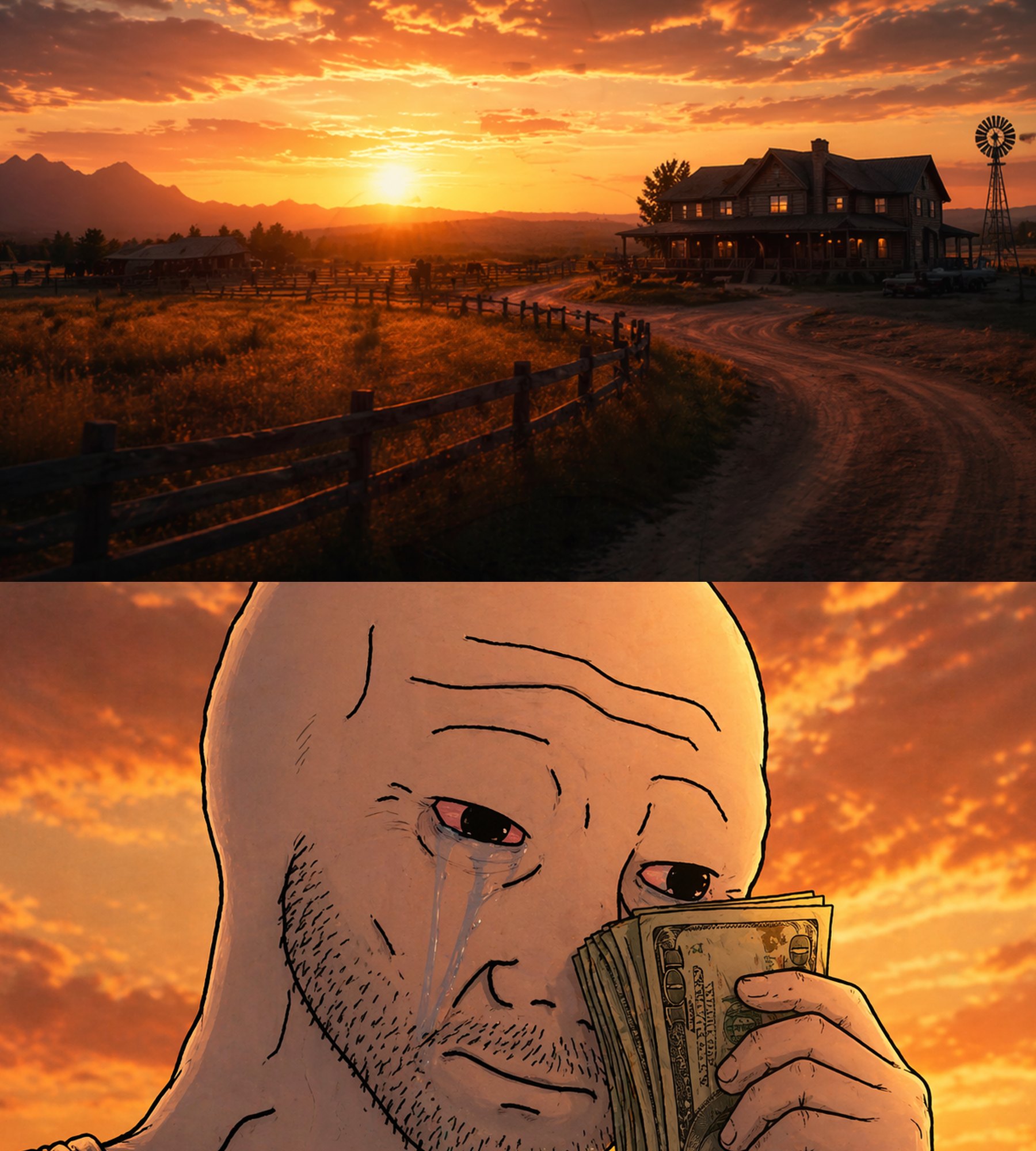 Unc crying with money in front of farm at sunset