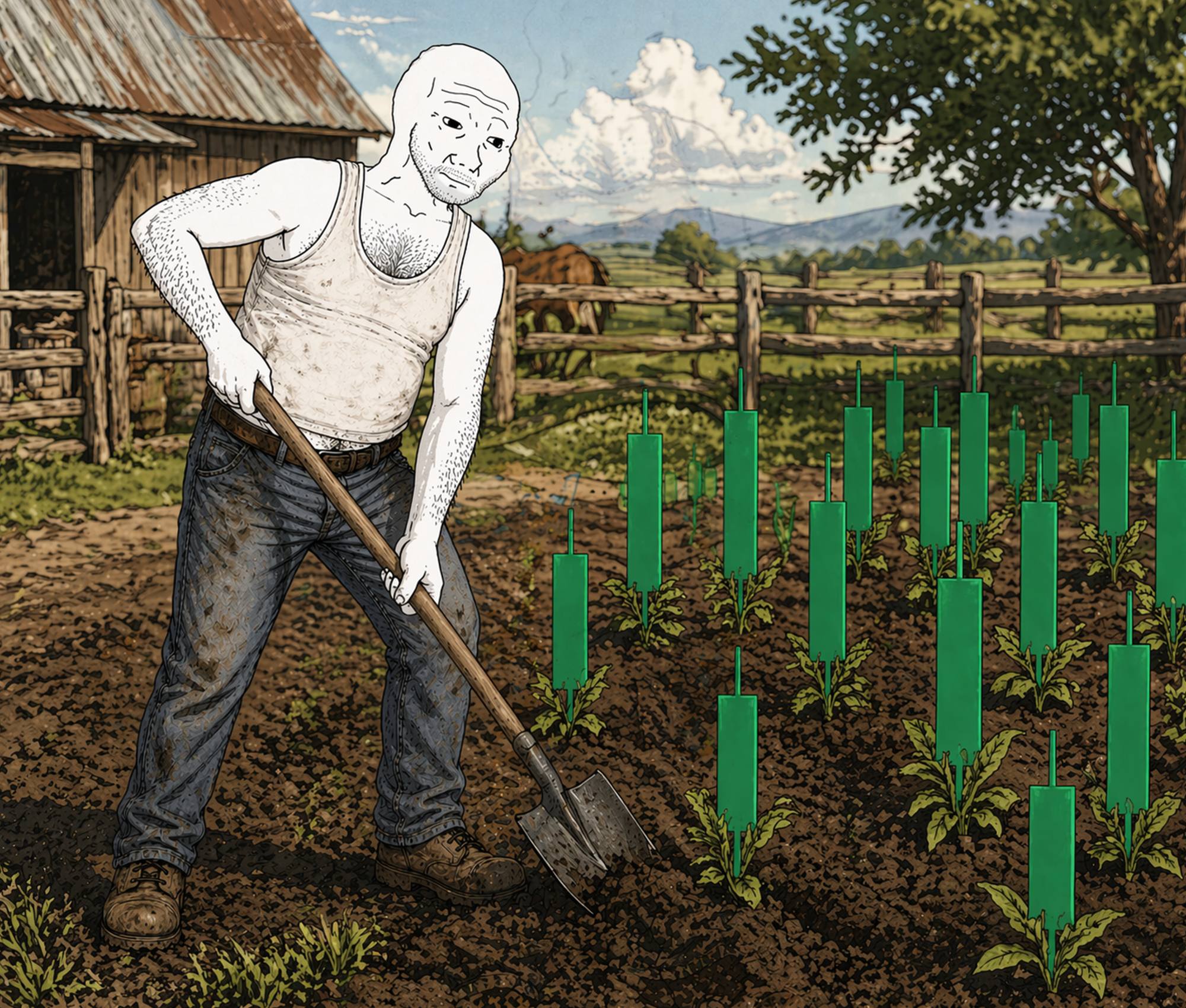 Unc farming green candles with a shovel