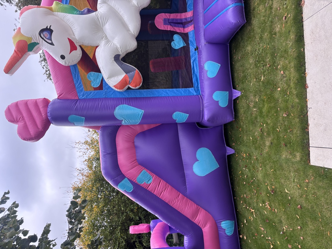 Unicorn bouncy castle side view