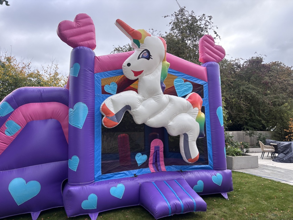 Unicorn bouncy castle with slide