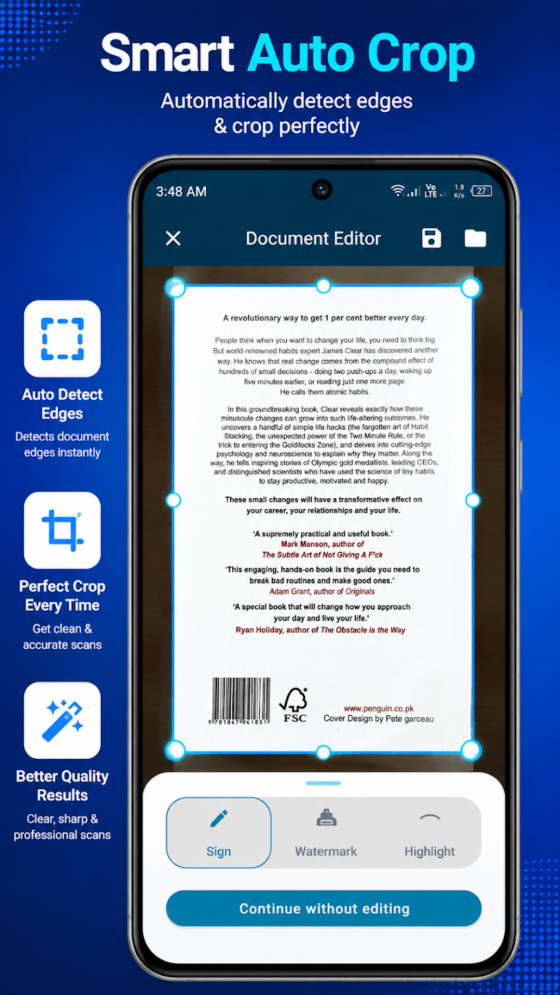 Scanner Flow smart auto crop screen detecting a document