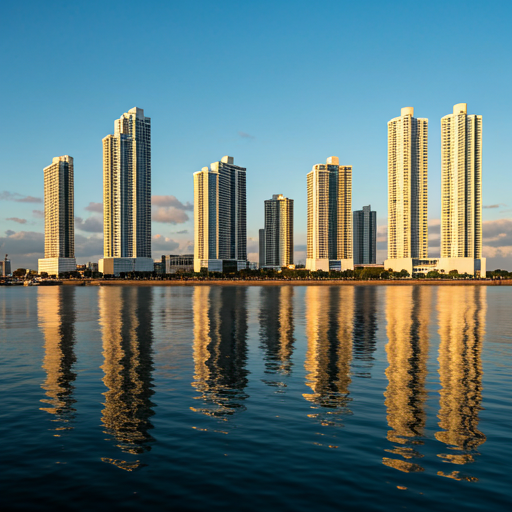 Luxury buildings with water reflection
