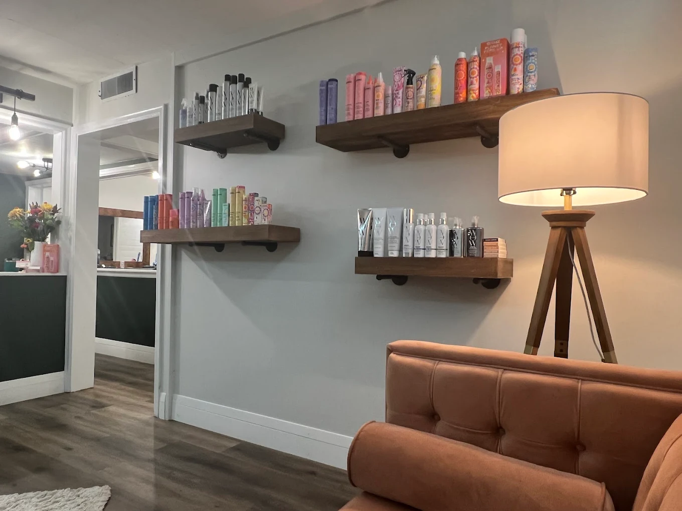 Product shelves and lounge seating area