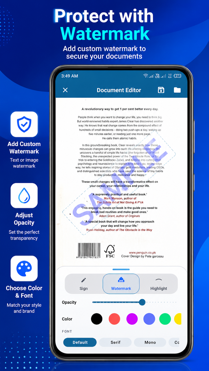 Scanner Flow document editor with a custom watermark
