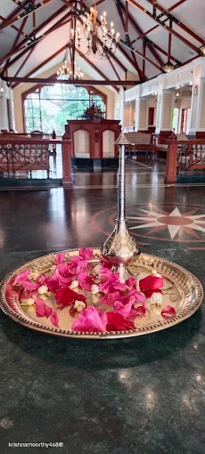 Flower petals arranged on a brass tray in the hotel lobby