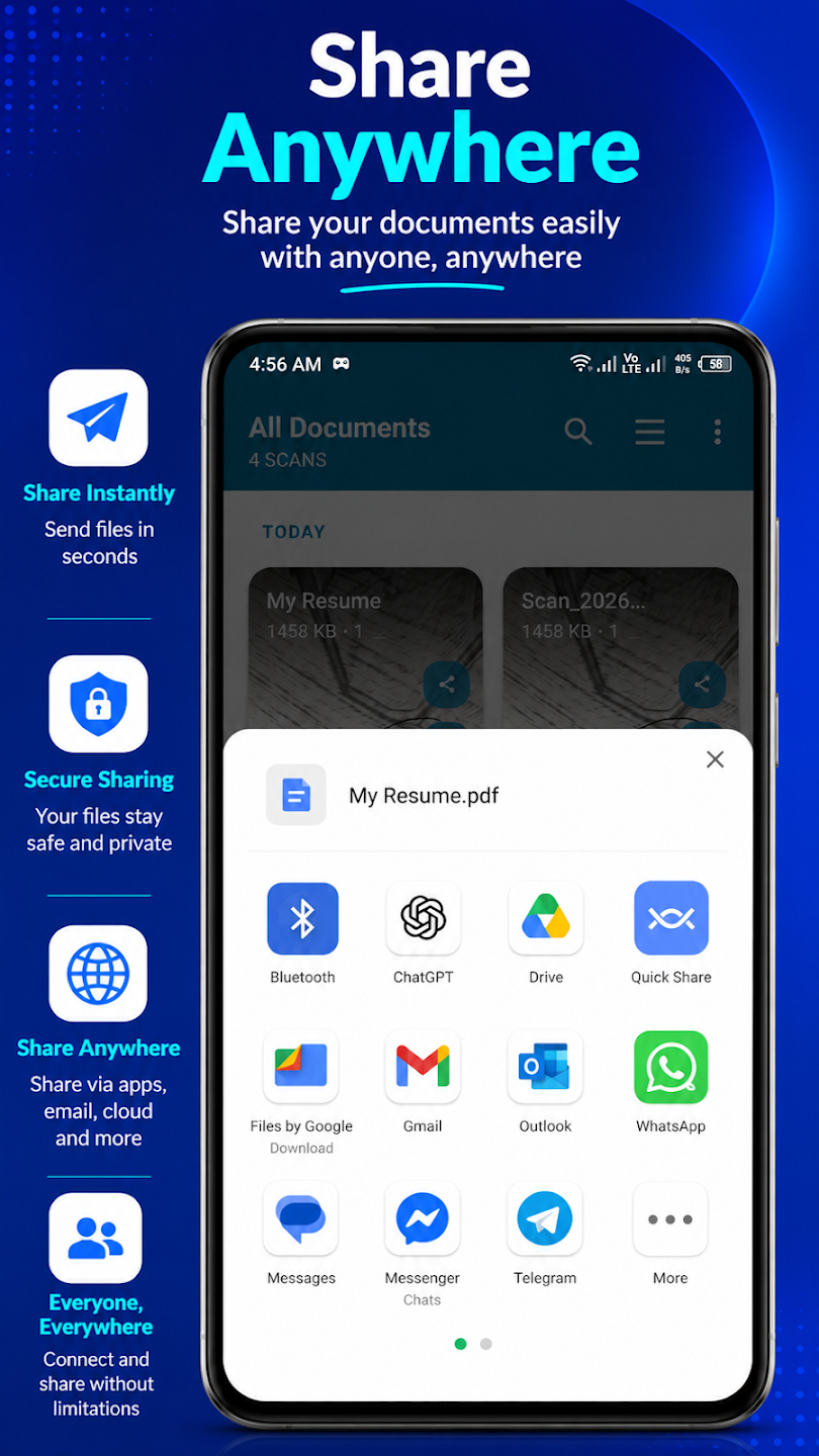 Scanner Flow document sharing screen with multiple sharing options
