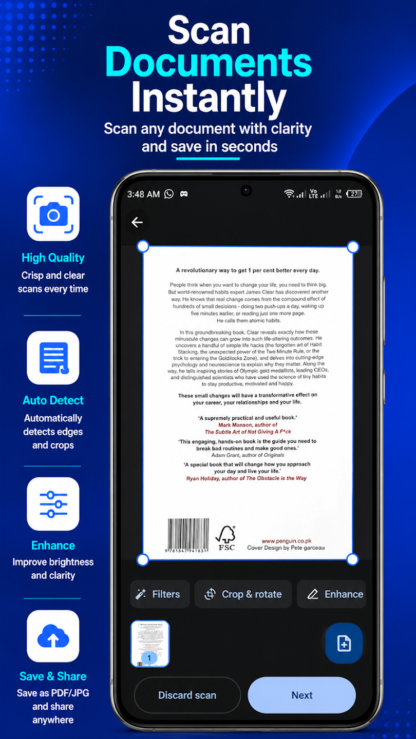 Scanner Flow camera screen automatically detecting document edges