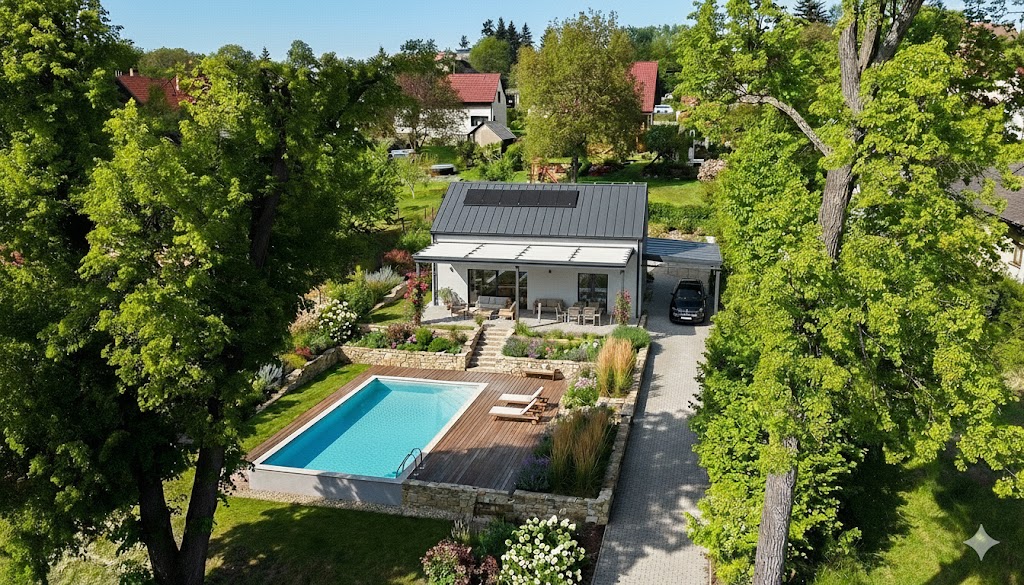 Aerial view of a modern house with pool and garden