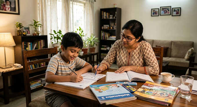 Mother helping her child study at home