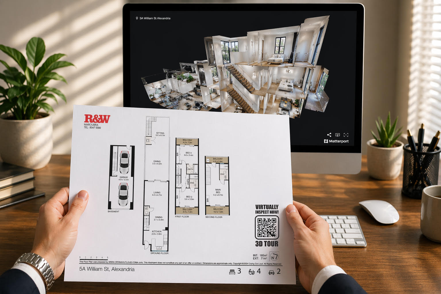 Professional real estate floor plan with agency branding and 3D tour QR code