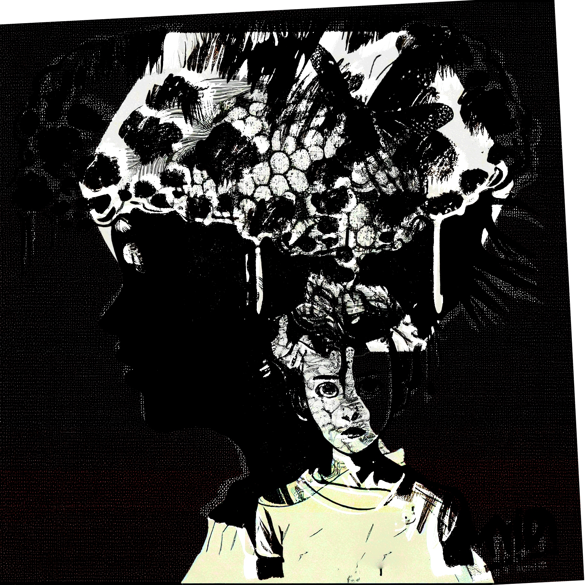 Black and white portrait with cloud brain