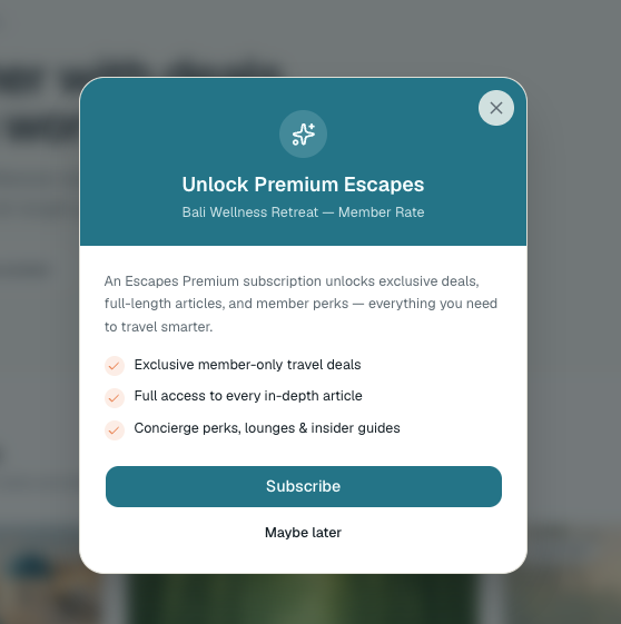 Upsell modal titled Unlock Premium Escapes listing member perks with a Subscribe button.