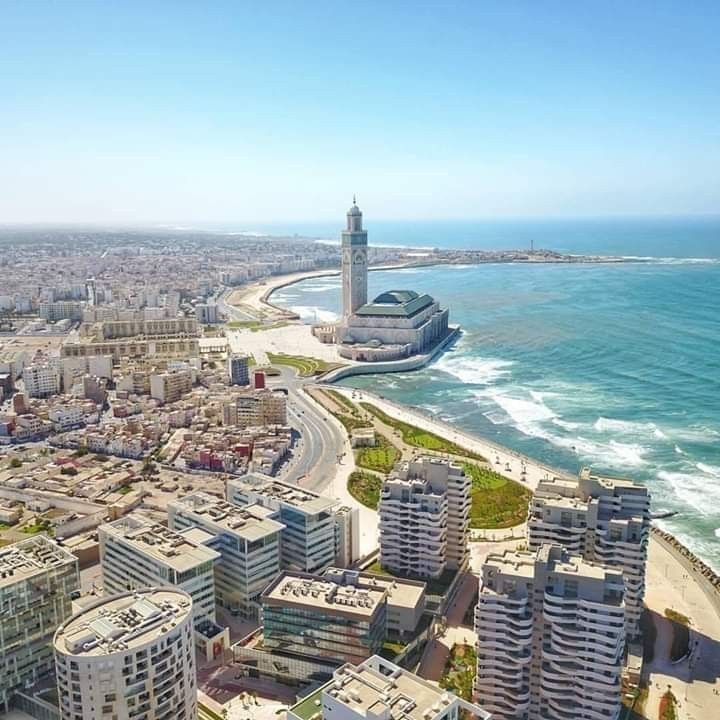 Aerial view of Casablanca with Hassan II Mosque on the Atlantic coast