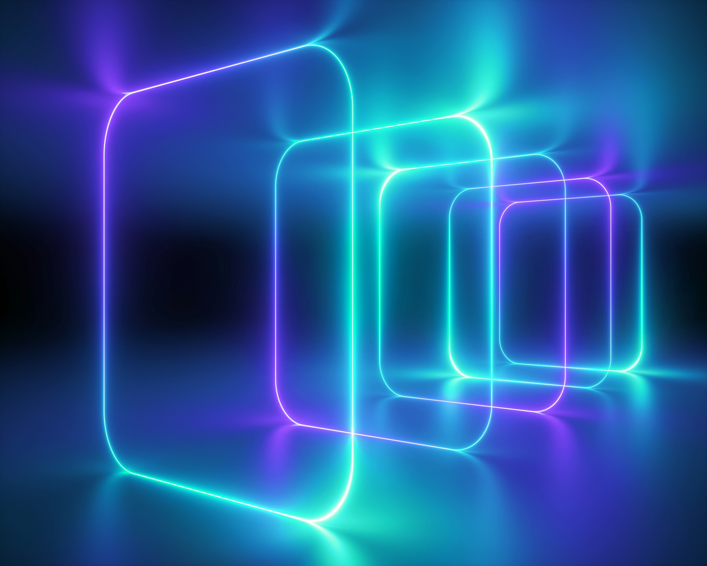 Abstract neon cyan glowing rectangular frames representing energy technology