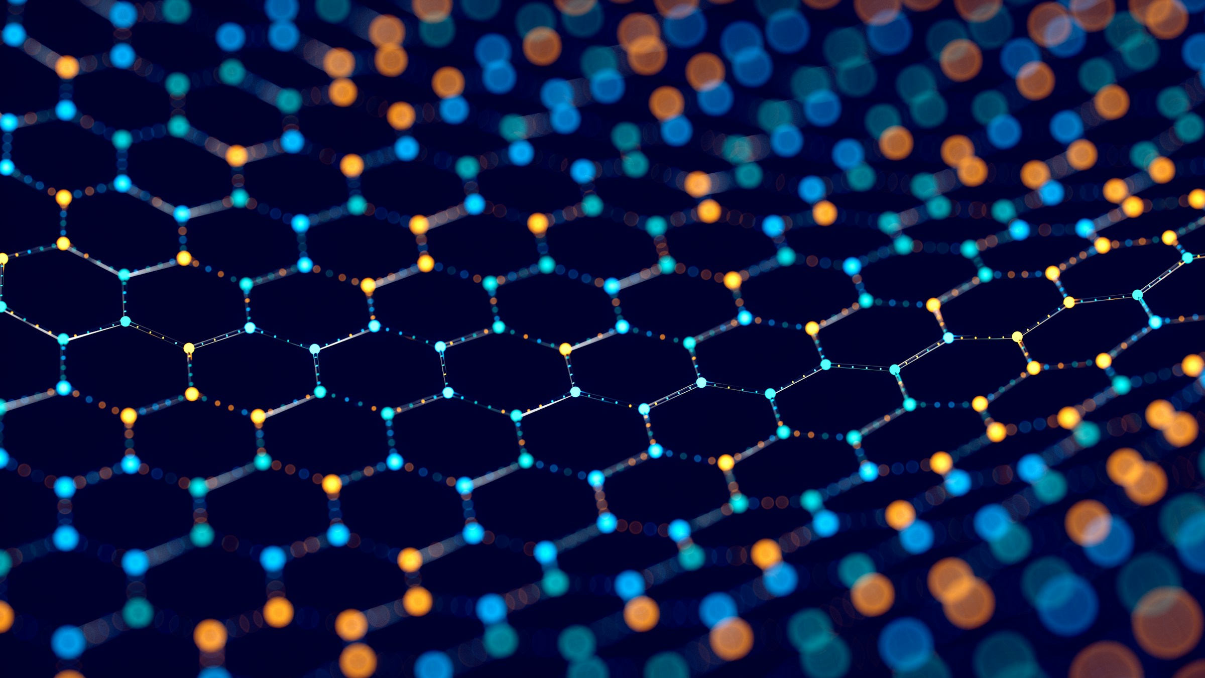 Hexagonal mesh pattern with blue and orange glowing nodes representing molecular network