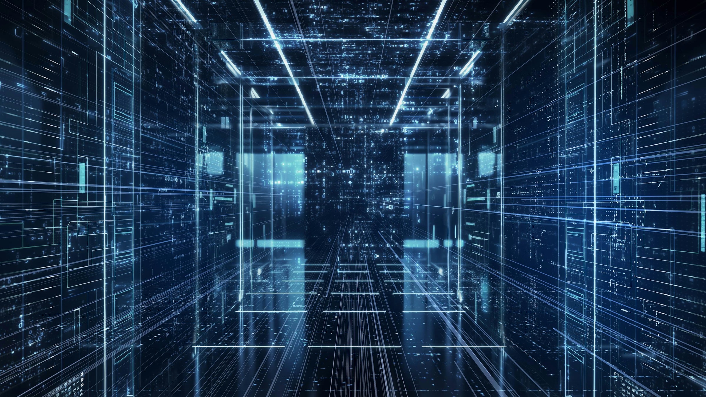 Blue digital data center corridor with holographic elements representing computing infrastructure