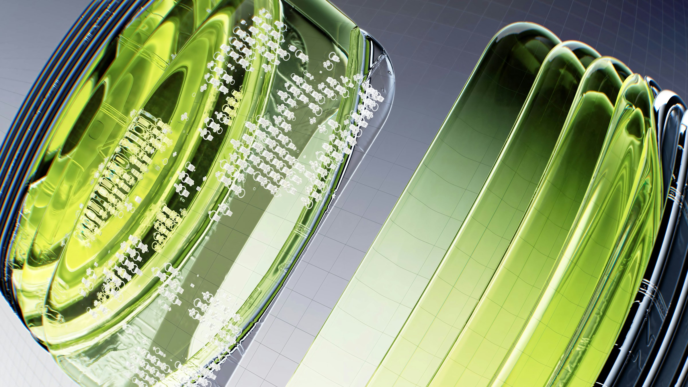 Abstract 3D render of green glass cylindrical battery structures