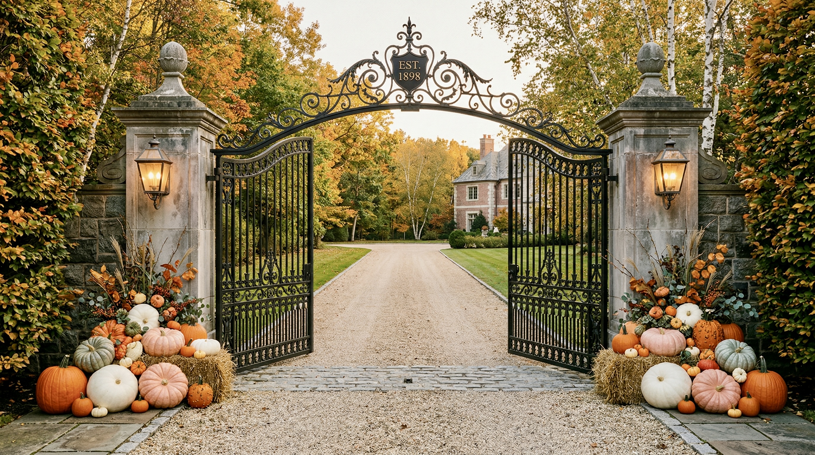 Historic estate iron gates with EST 1898 crest and autumn pumpkin display