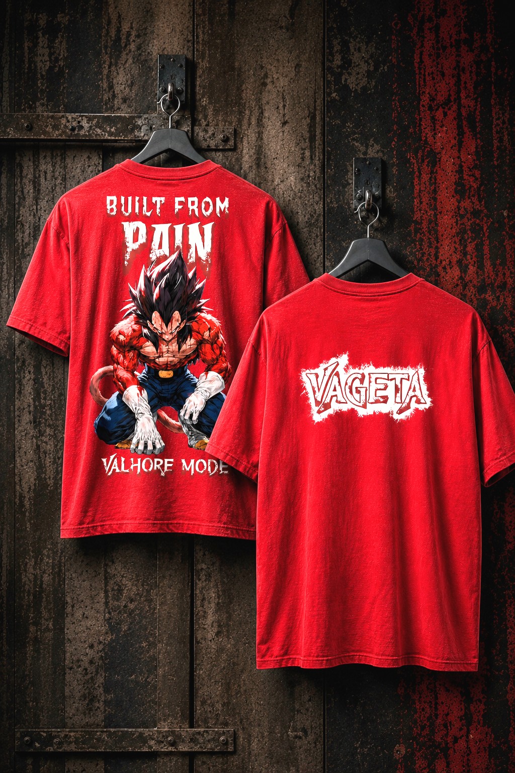 Built From Pain Vegeta red t-shirt front and back