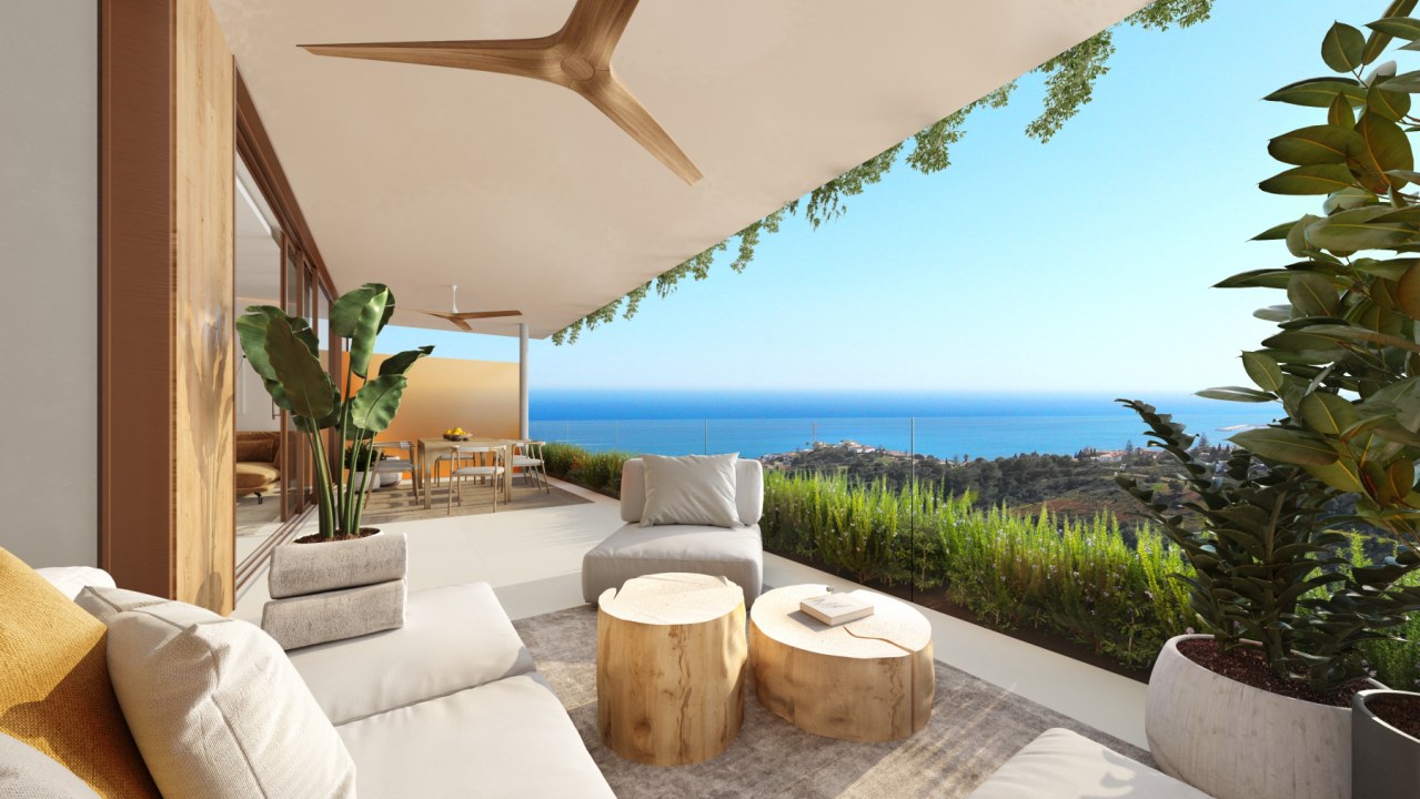 Luxury terrace with Mediterranean sea views and outdoor furniture