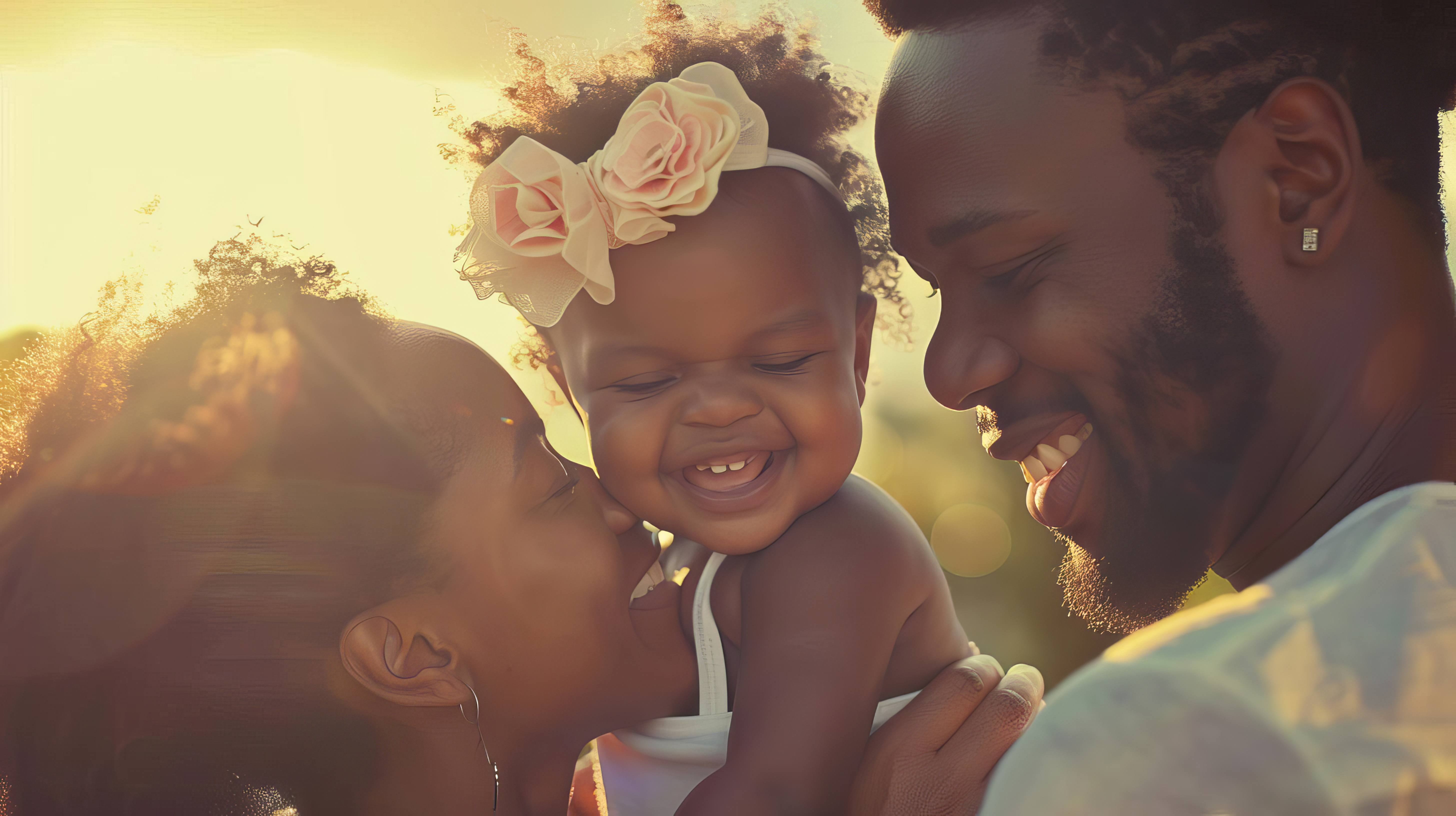 A family — parents with their young child, smiling in warm golden light