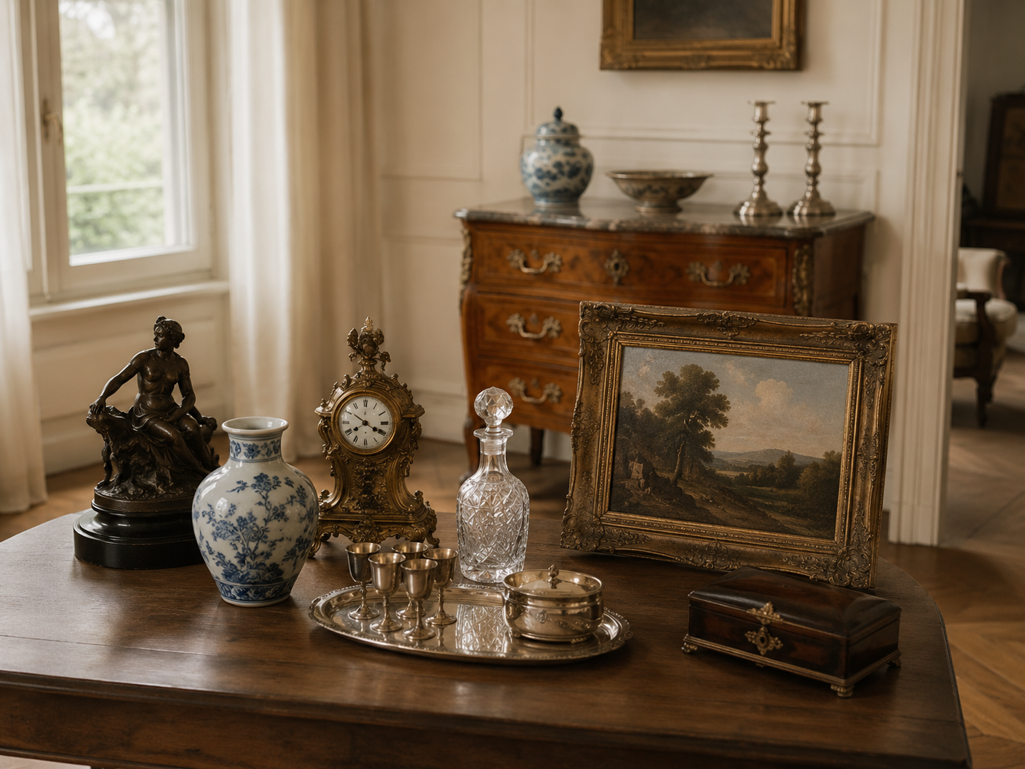 Objets anciens disposés sur une table en bois — estimation vide-maison Cézame Antiques