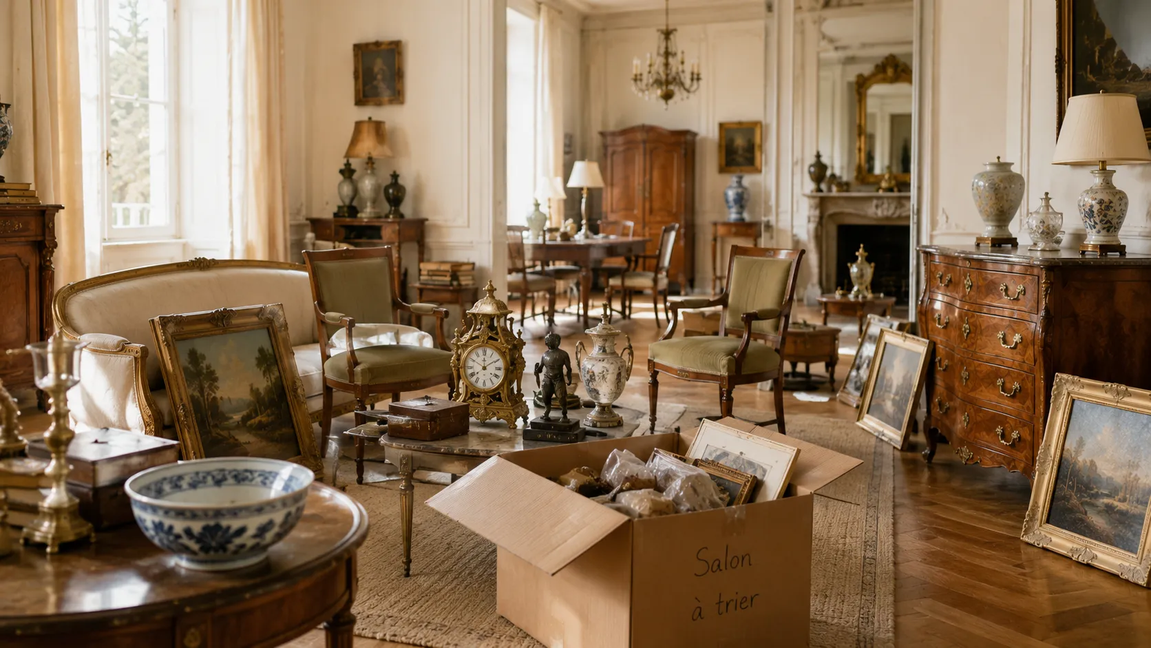 Salon avec meubles anciens, tableaux et carton à trier pour vide-maison
