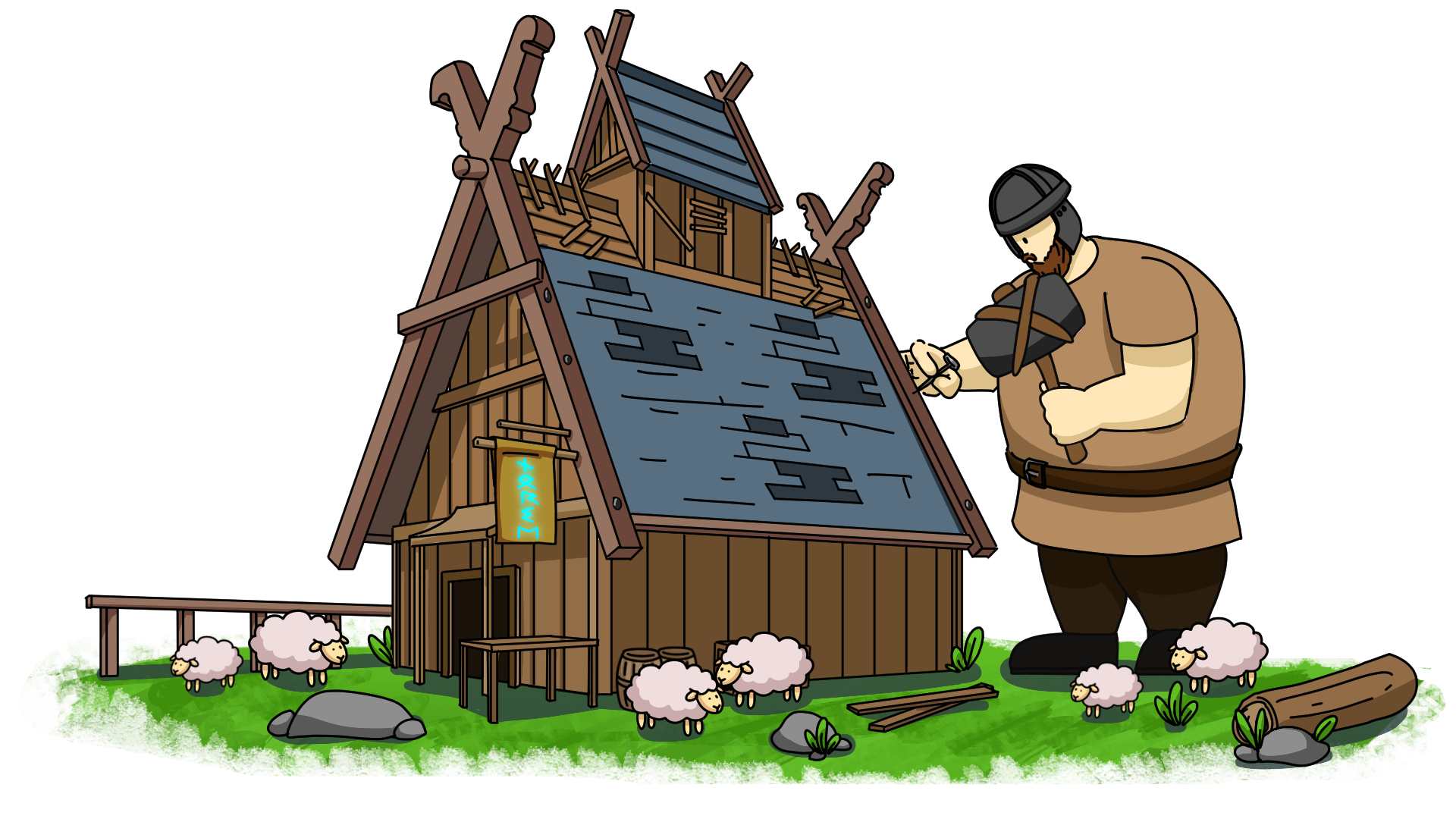 Illustrated Viking building a longhouse