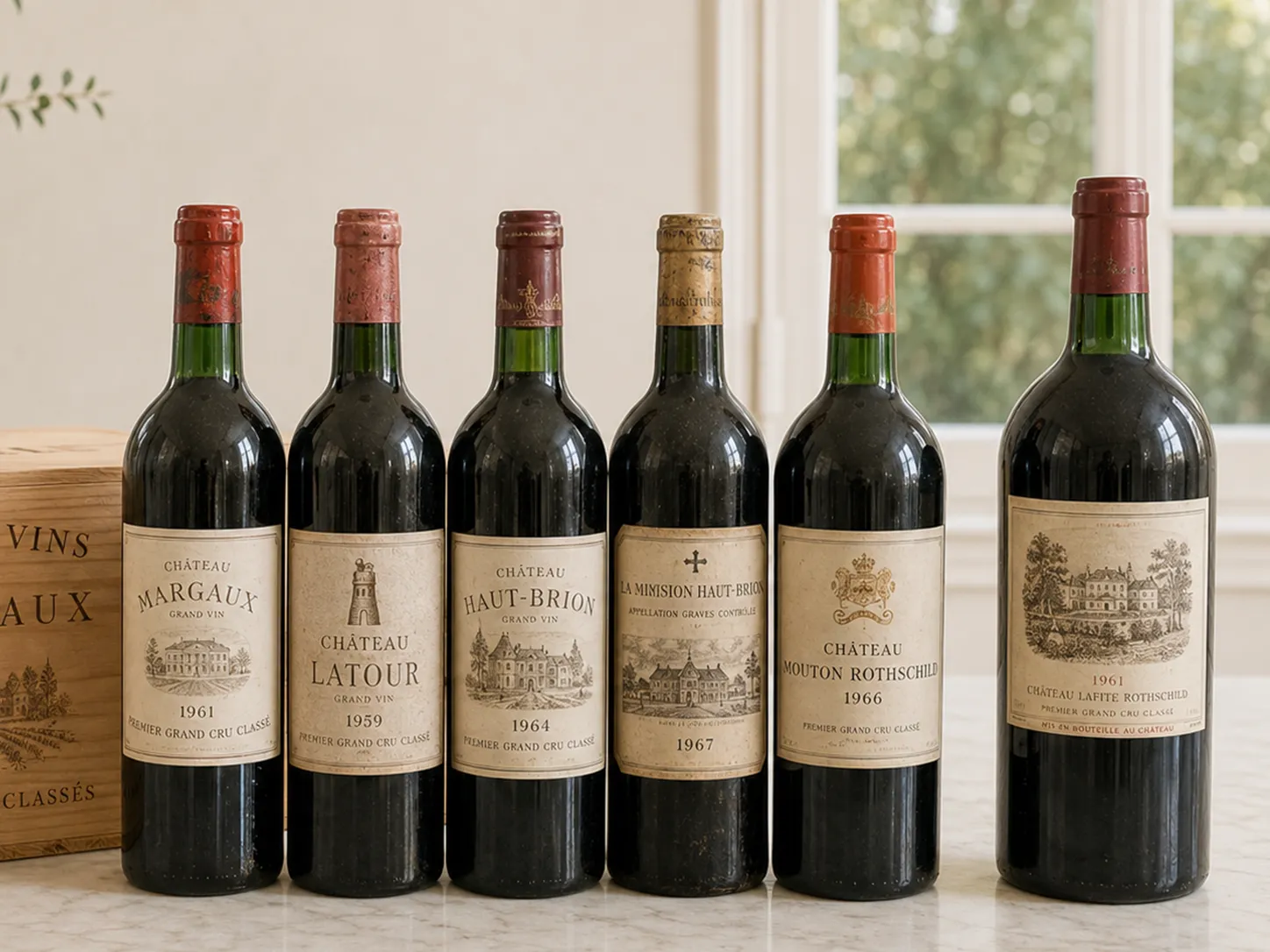 Six bouteilles de grands crus classés bordeaux millésimés devant leur caisse en bois