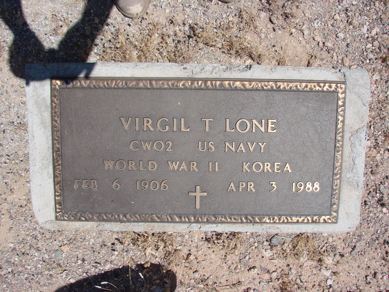 Bronze grave marker for Virgil T. Lone, U.S. Navy veteran of World War II and Korea