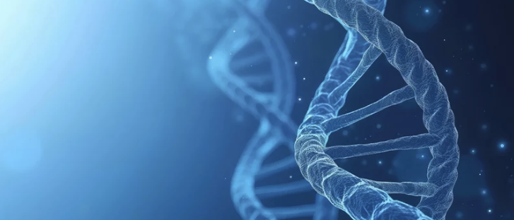 Abstract blue DNA double helix against a gradient background.