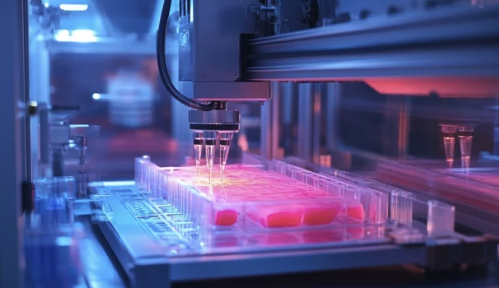 Automated liquid handling robot dispensing reagents into multiwell plates inside a lab environment.