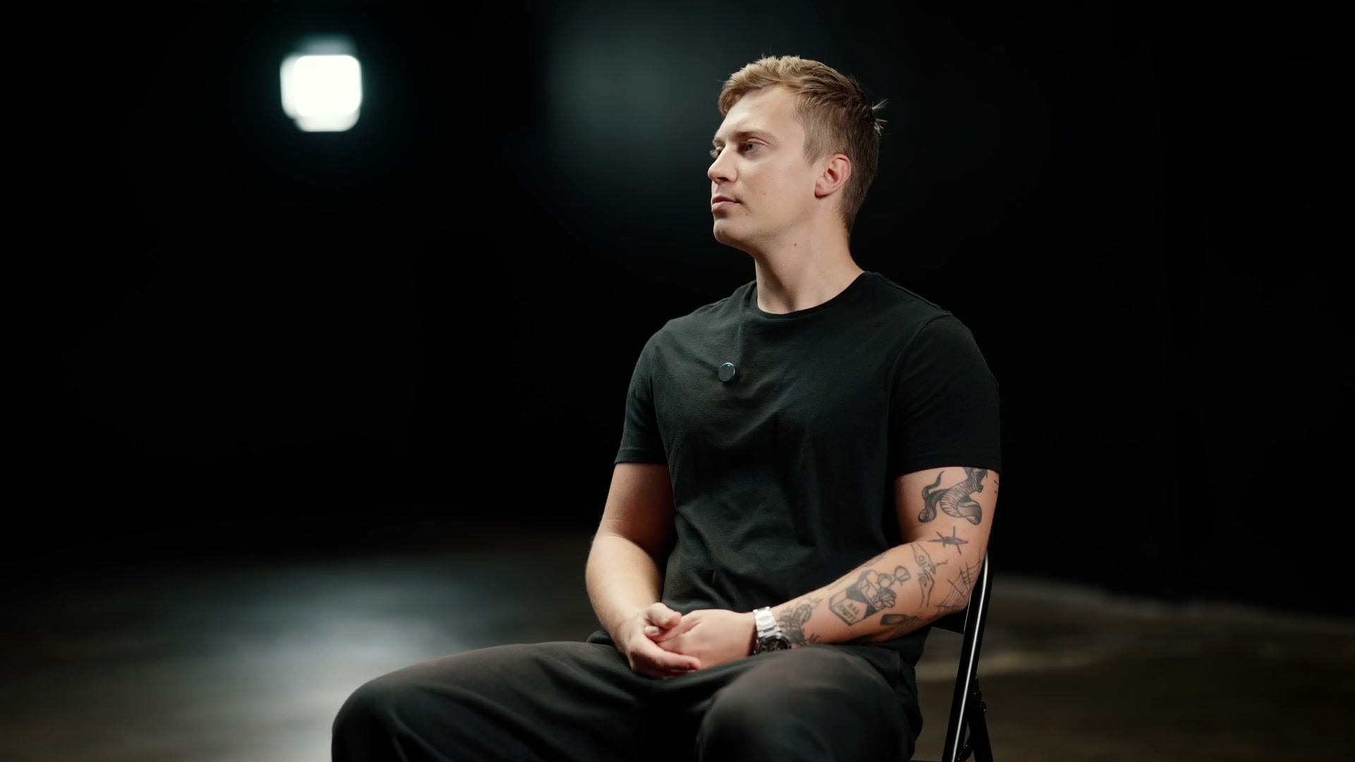 Vlad Lapich seated in the studio during his conversation with Francisk Hanchar