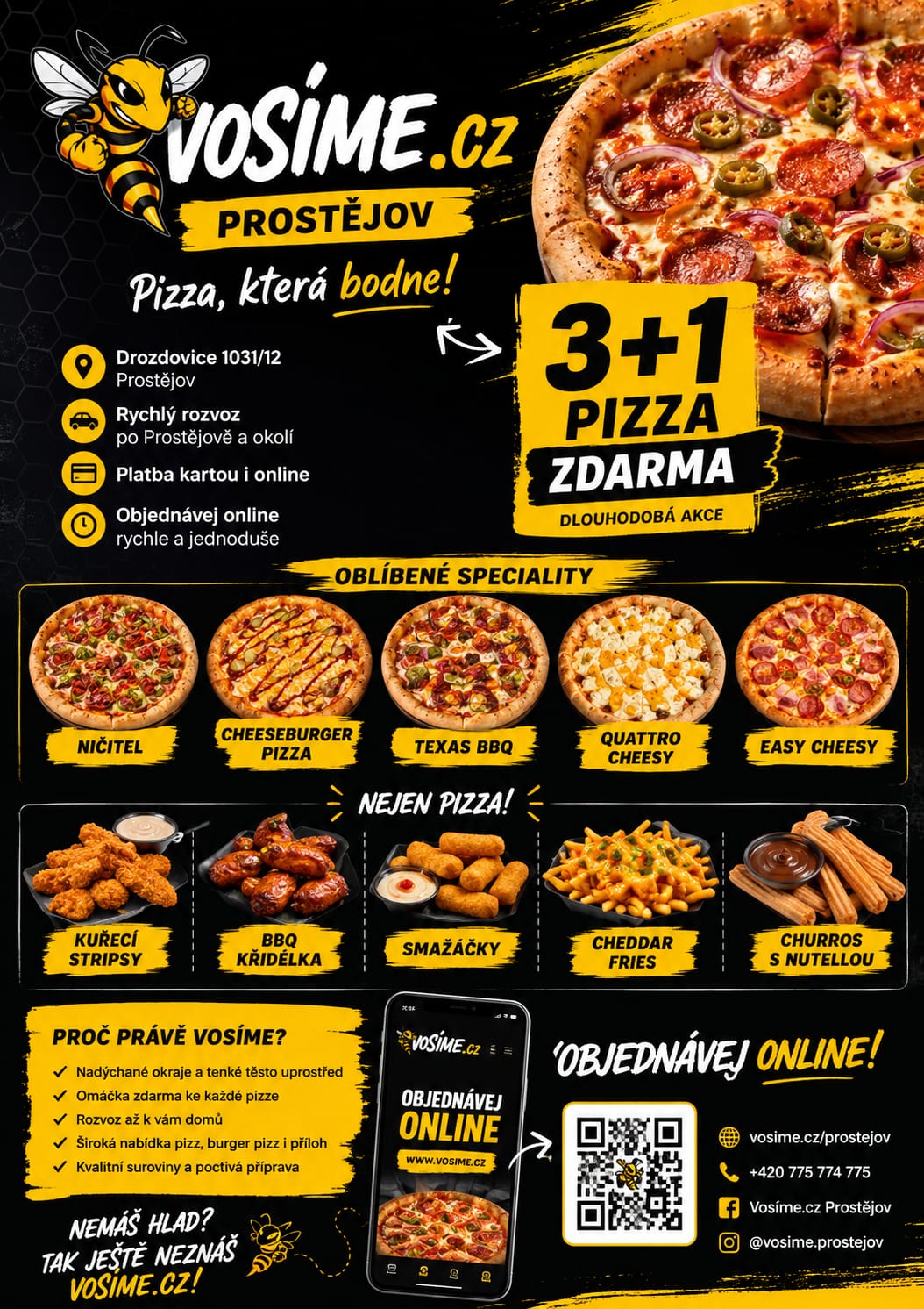 Propagační leták Vosíme.cz Prostějov — pizza, která bodne, rozvoz po Prostějově