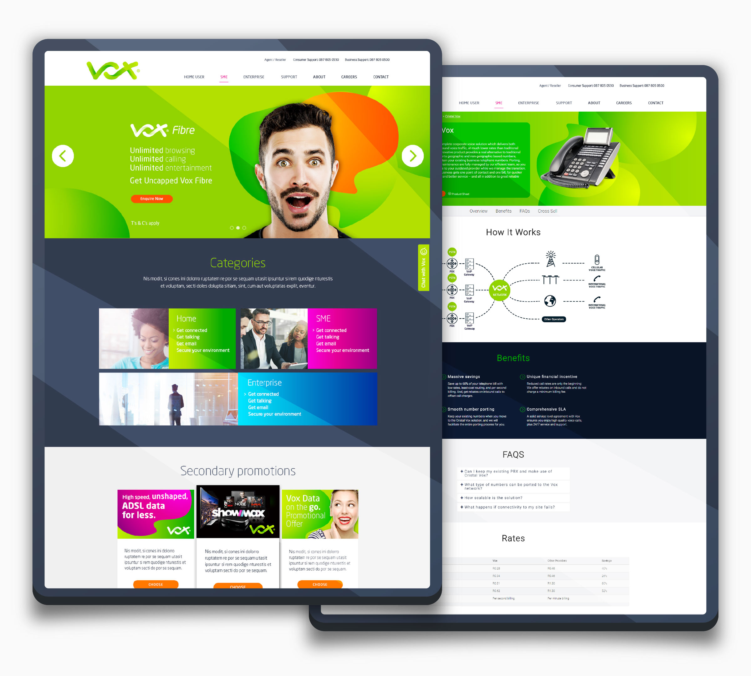 Two tablets showing the redesigned Vox SME homepage with a Fibre hero banner and Categories sections, alongside a Cristal Vox product page with a How It Works diagram and rates table