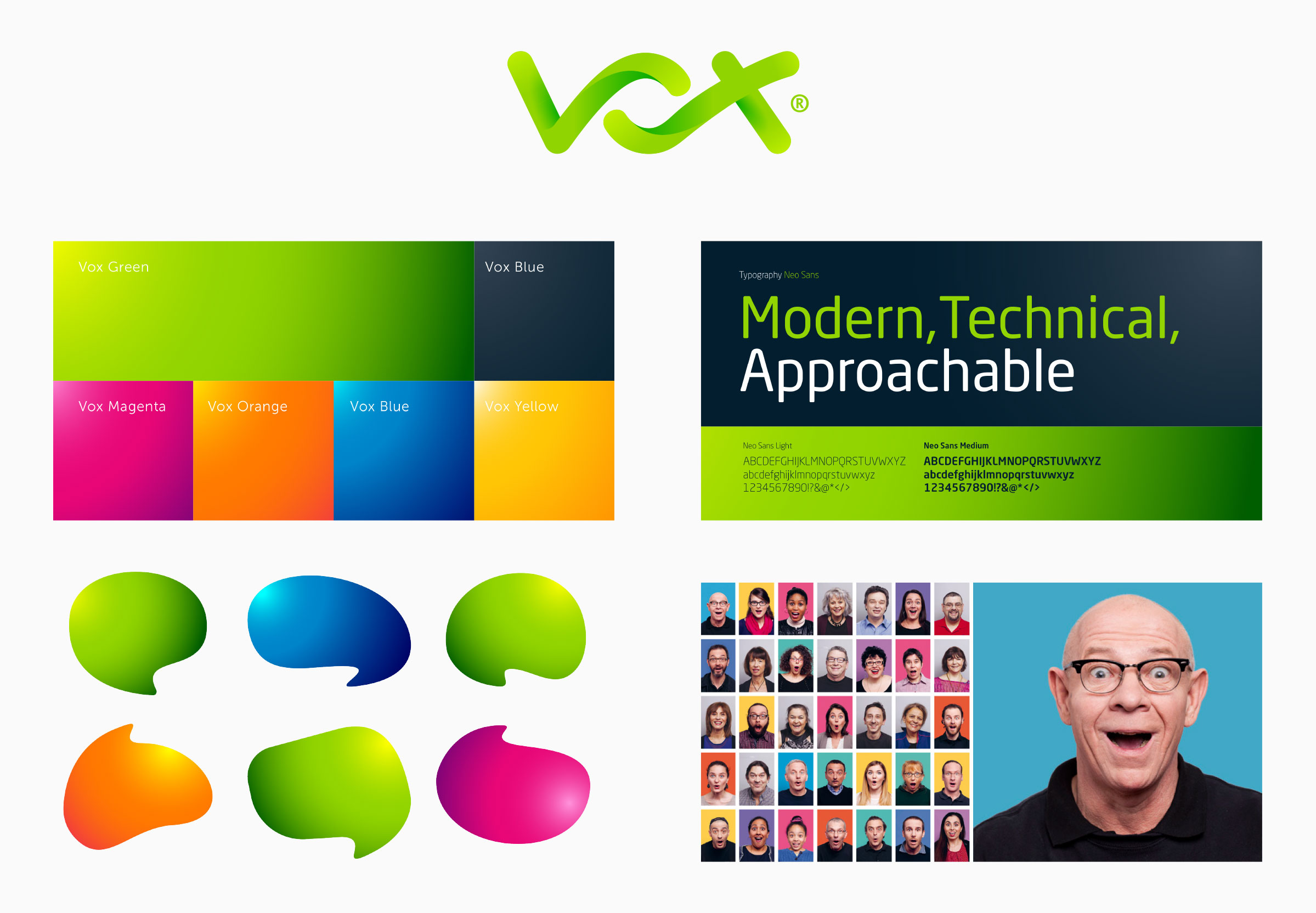 Updated Vox Telecom brand assets including the new wordmark logo, colour palette, Apex Sans typography sample, and simplified outlined speech-bubble icons