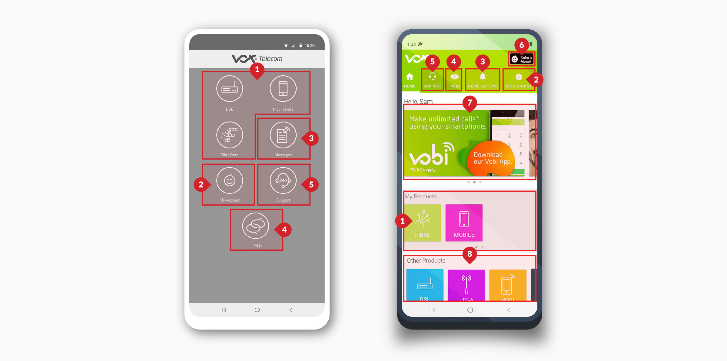Login screen, home dashboard, and expanded account menu of the Vox Customer Zone app in the new Vox brand identity