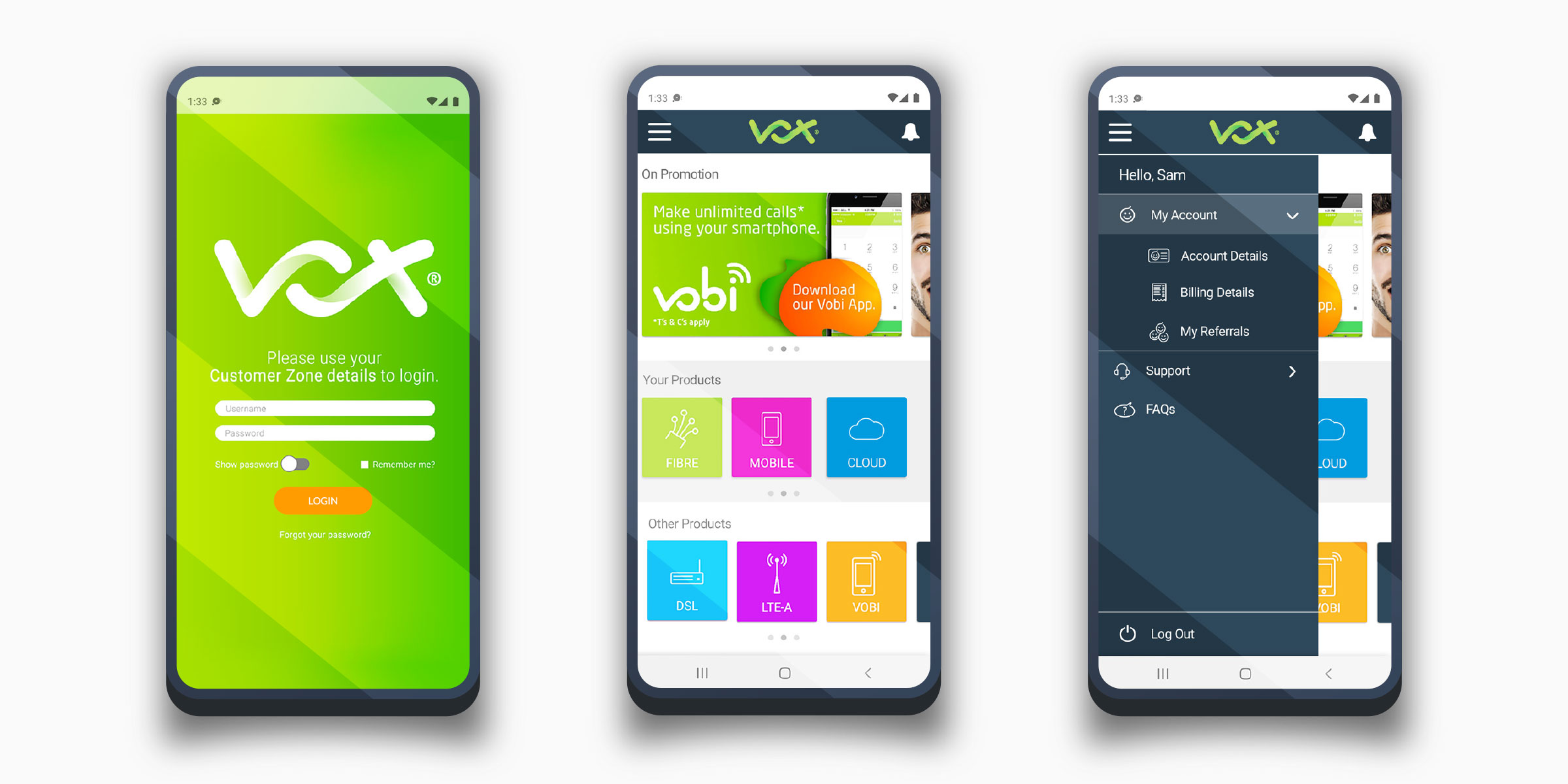 Vox Customer Zone login screen next to the home dashboard showing on-promotion banners, active products, and other products