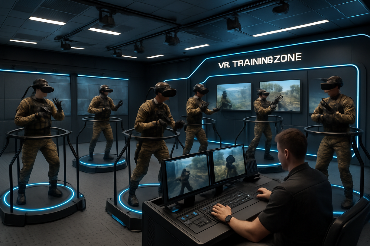 VR Training Zone with multiple soldiers on omnidirectional treadmills