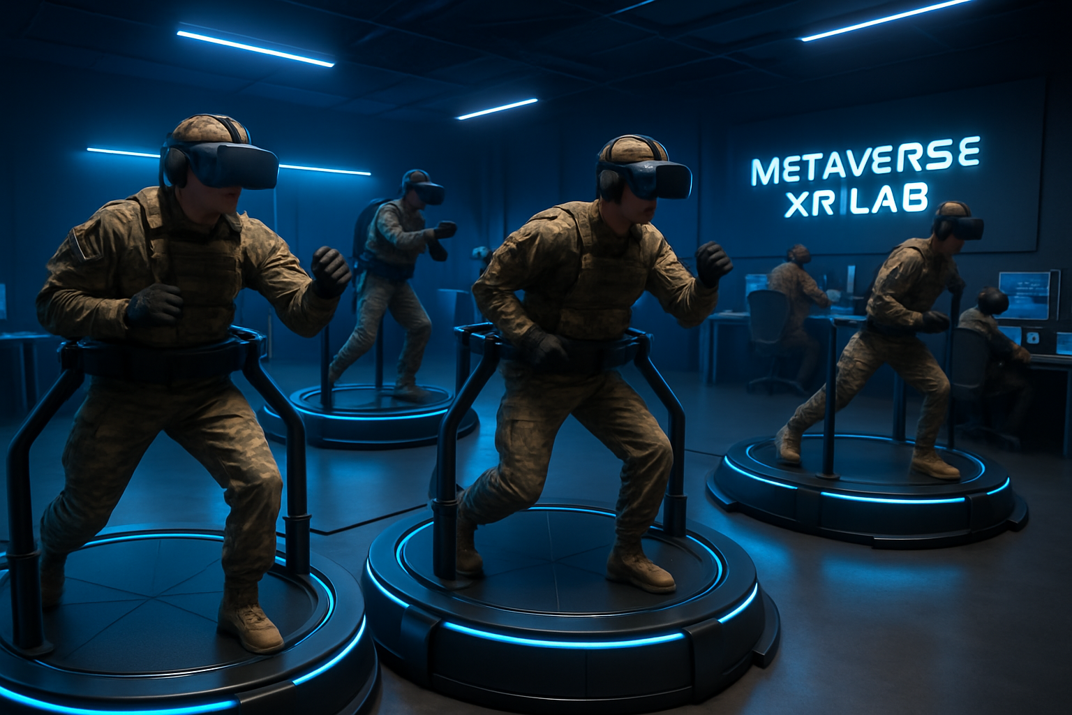 Soldiers training on VR omnidirectional treadmills