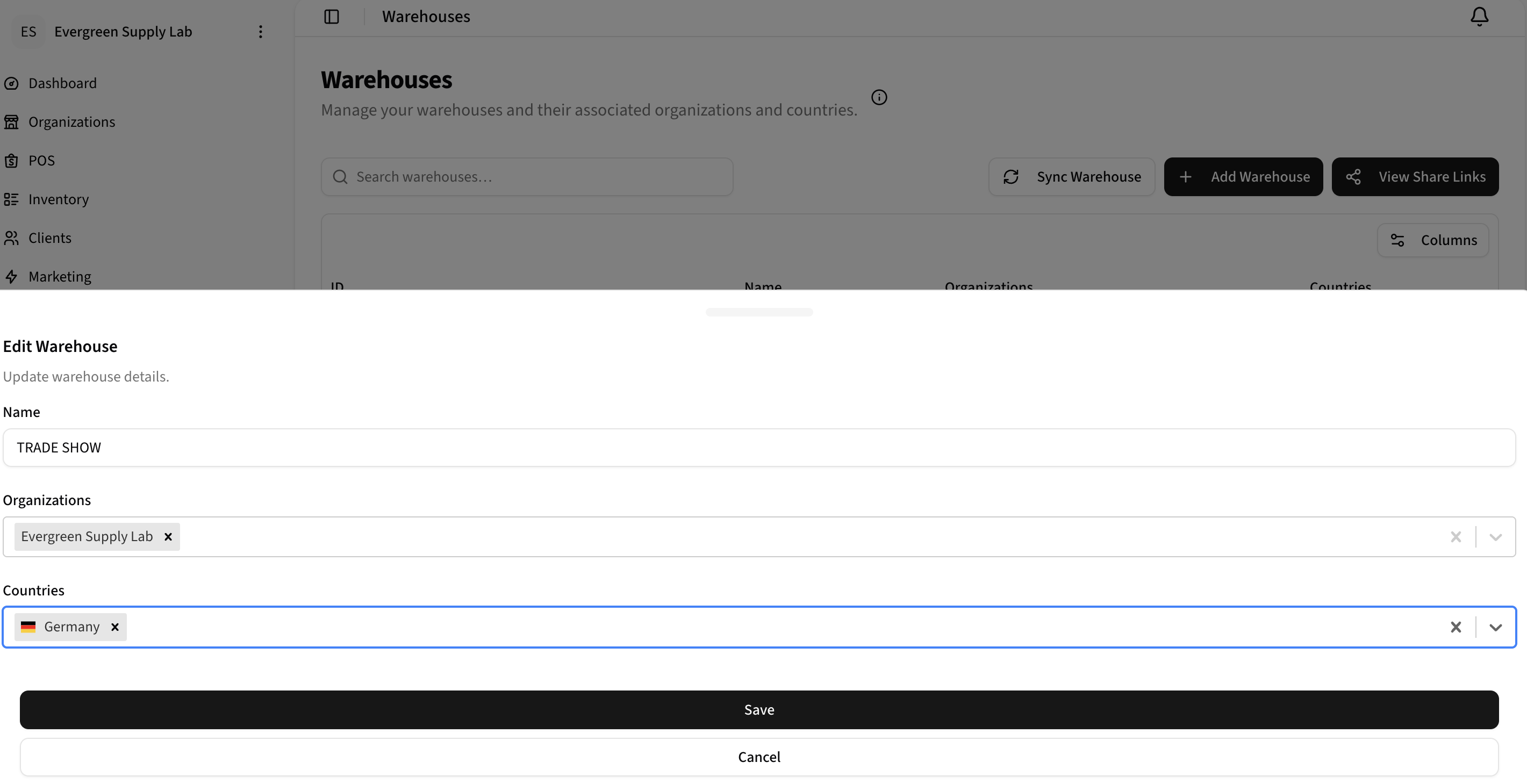 Edit Warehouse modal with Name set to TRADE SHOW and Country set to Germany