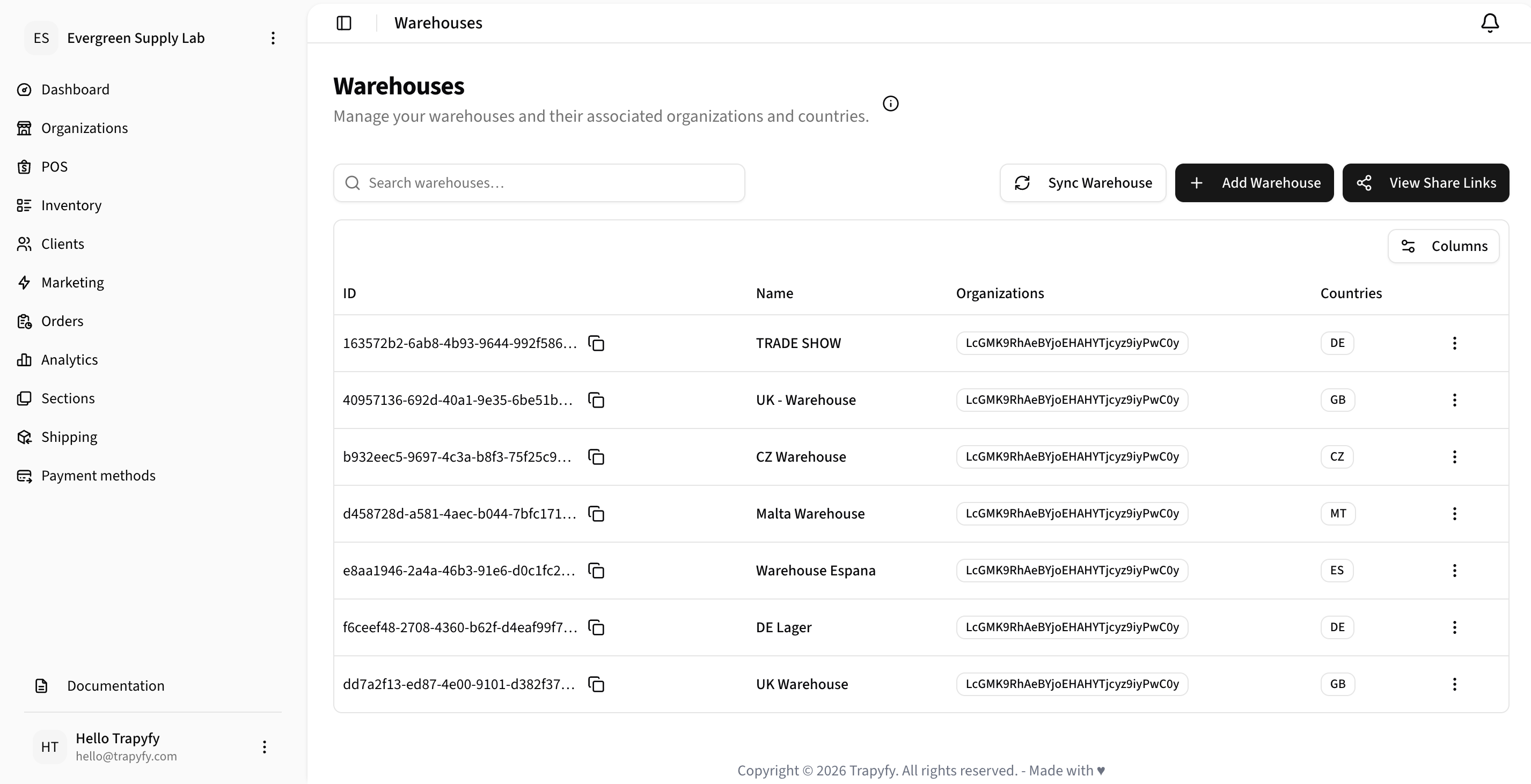 Warehouses list page showing TRADE SHOW warehouse alongside other warehouses