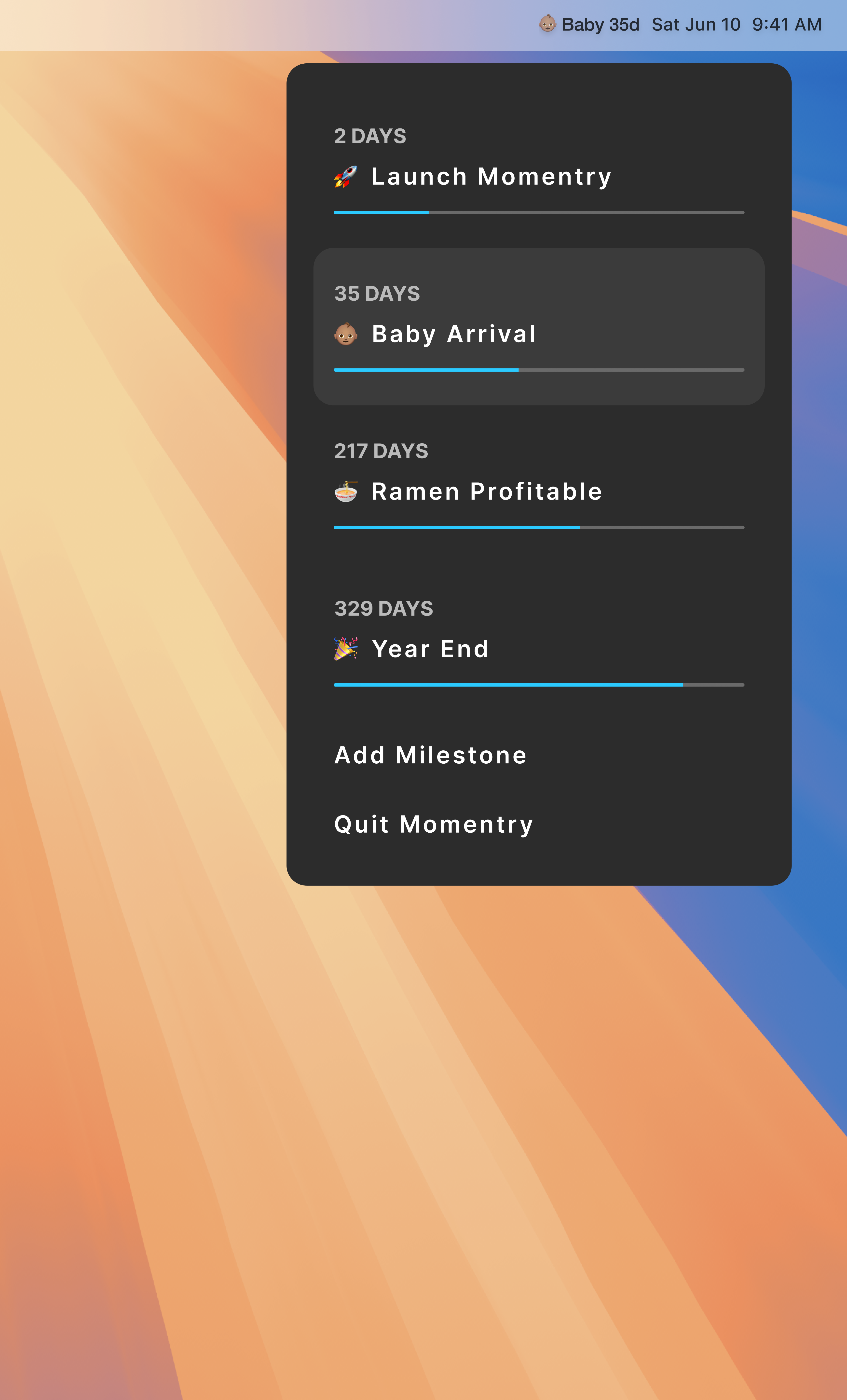 Momentry app interface showing countdown timers