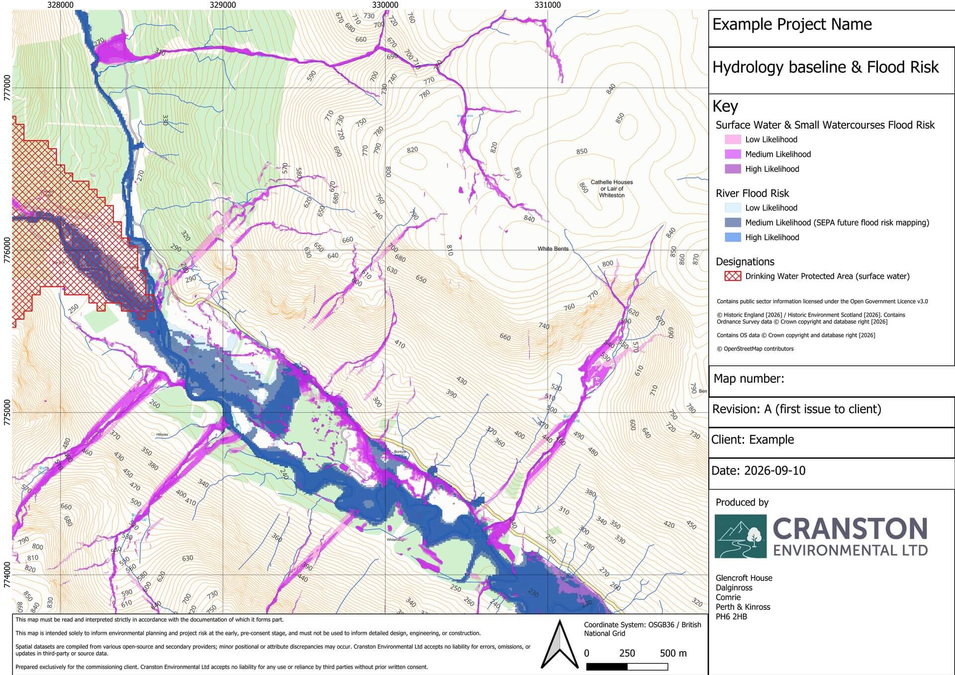 Example map showing hydrology baseline and flood risk zones with SEPA future flood risk mapping